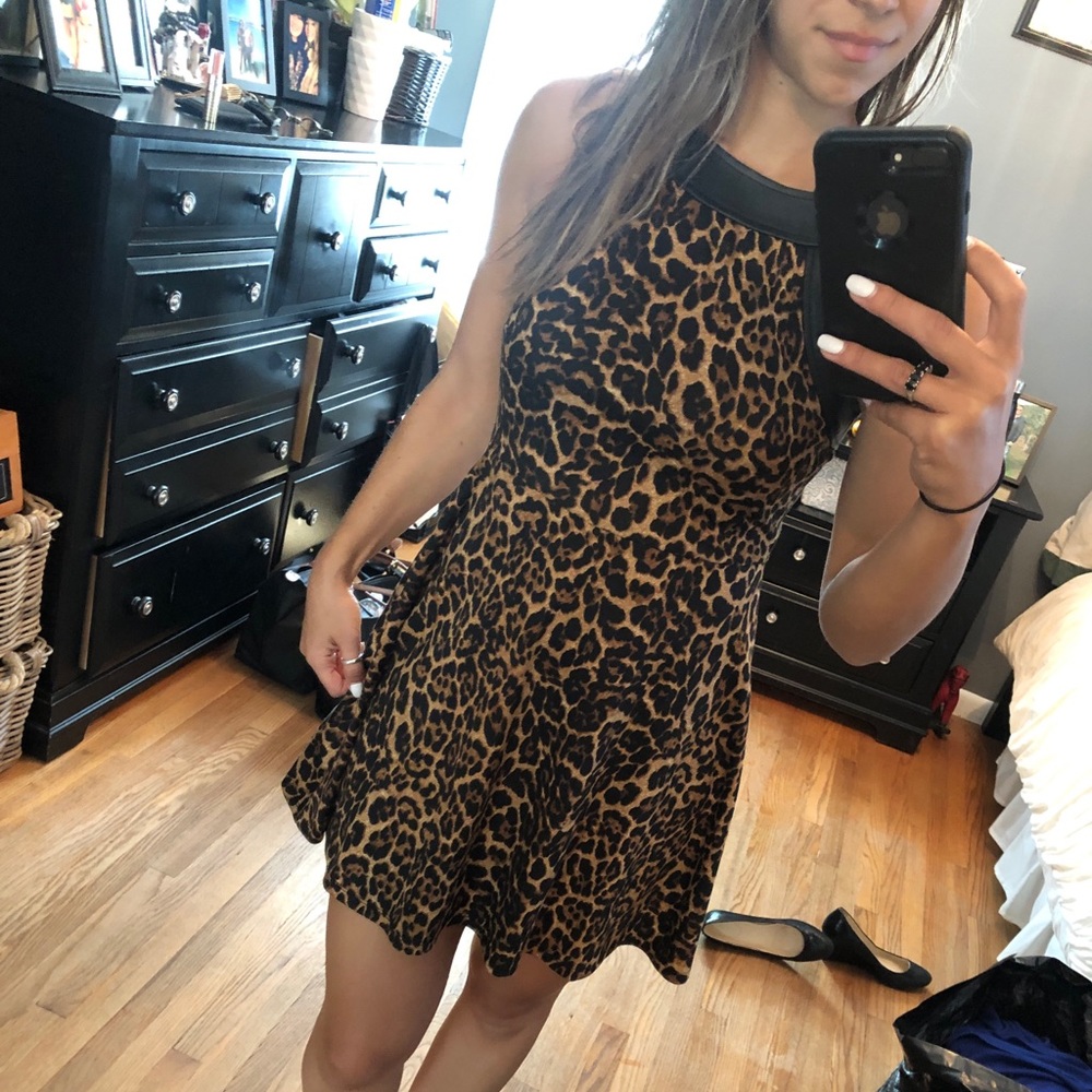 Leopard skater dress with pleather upper lining